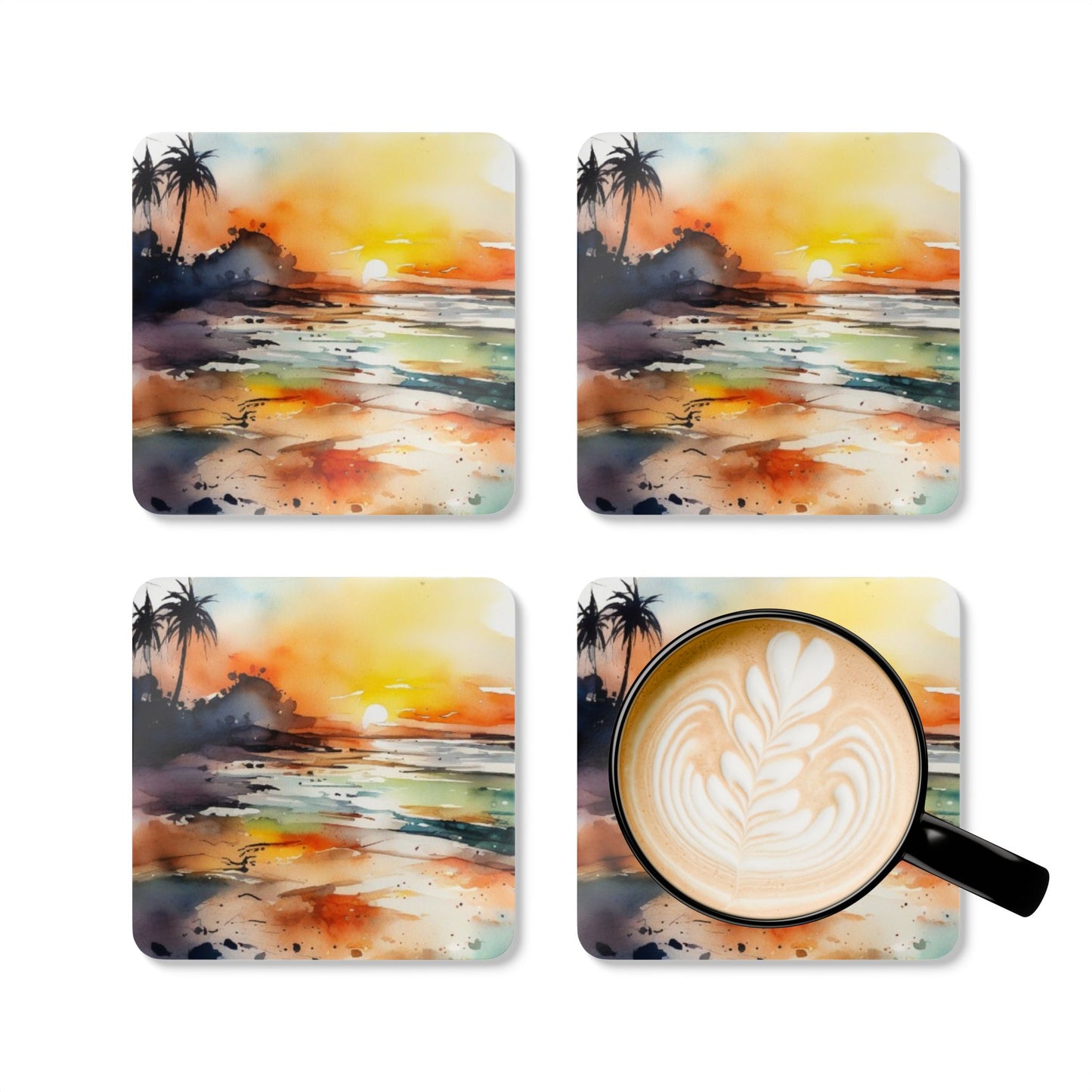 Artistic Cork Coaster Set with Sunset Design. Beach Lovers.