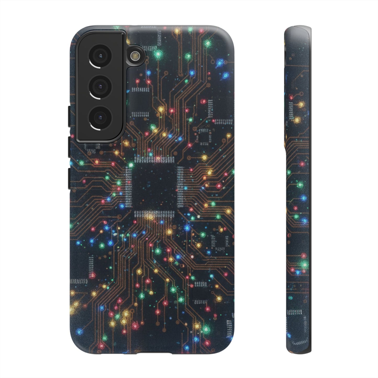 Tough Cases Phone Cases for Samsung Galaxy S25/S24/S23/S22 – Dual Layer, Matte/Glossy Finish, Wireless Charging Compatible, Circuit Board Glow Phone Case — Techy Microchip LED Design