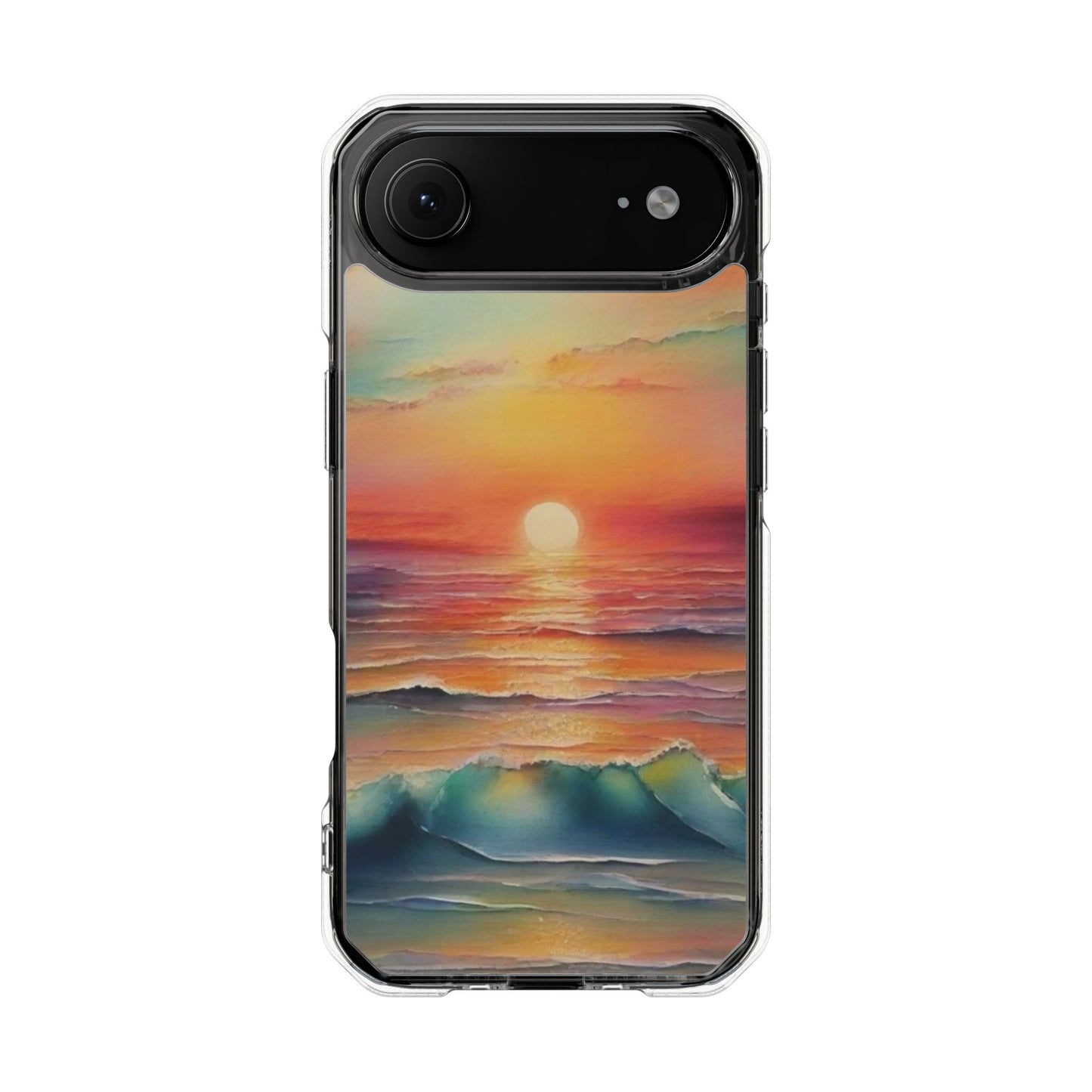 Clear Magnetic Phone Case — Sunset Ocean Art Design. Magnetic Impact Phone Case for iPhone 17/16/15/14. The Embedded Magnet Ring Keeps MagSafe Accessories Snapping on Smoothly.