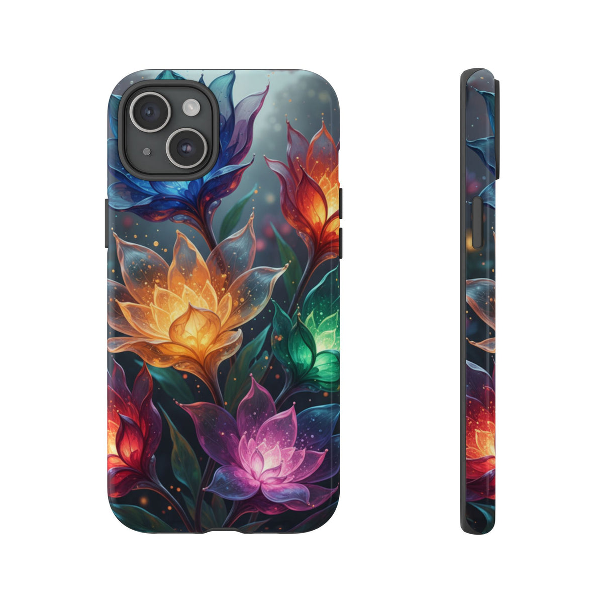 iPhone Tough Cases Phone Cases for iPhone 14\15\16\17 – Dual Layer, Matte/Glossy Finish, Wireless Charging CompatibleFloral Lotus Tough Phone Case - Colorful Glowing Flowers Protective Cover