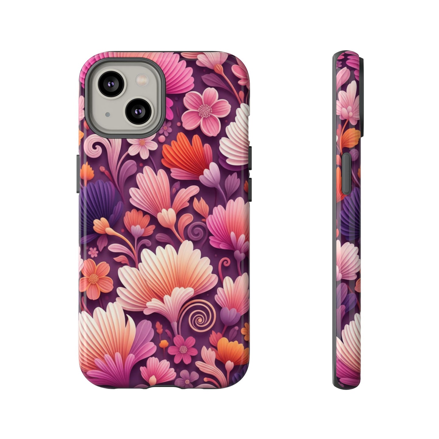 Floral Vibes Phone Case — iPhone Tough Cases Phone Cases for iPhone 14\15\16\17 – Dual Layer, Matte/Glossy Finish, Wireless Charging Compatible. Pink & Purple Retro Blossom Protective Cover