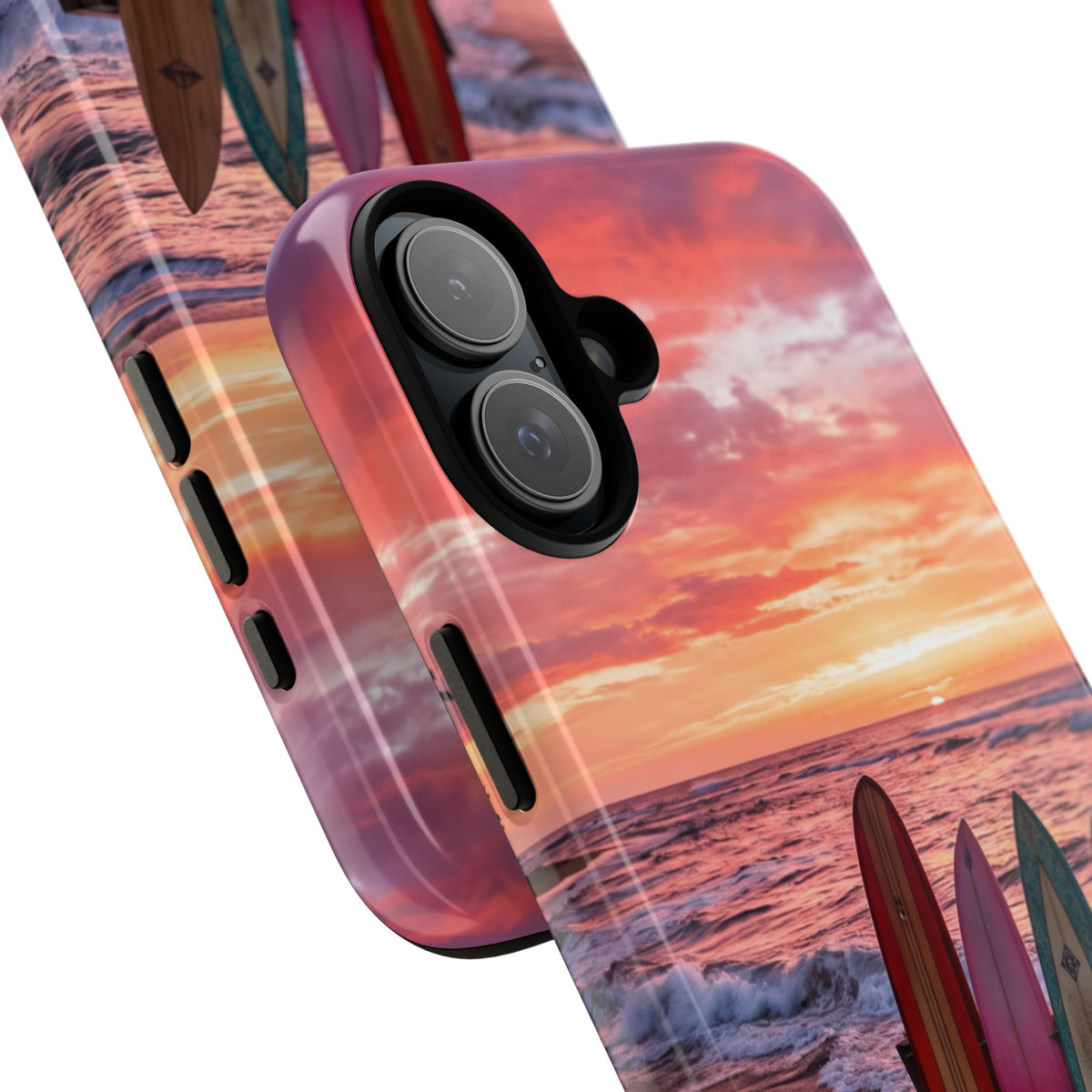 iPhone Tough Cases Phone Cases for iPhone 16\17\18 – Dual Layer, Matte/Glossy Finish, Wireless Charging Compatible. Phone Case - Sunset Surfboard Beach Case