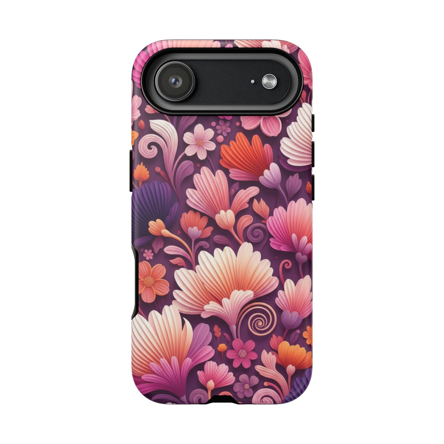 Floral Vibes Phone Case — iPhone Tough Cases Phone Cases for iPhone 14\15\16\17 – Dual Layer, Matte/Glossy Finish, Wireless Charging Compatible. Pink & Purple Retro Blossom Protective Cover