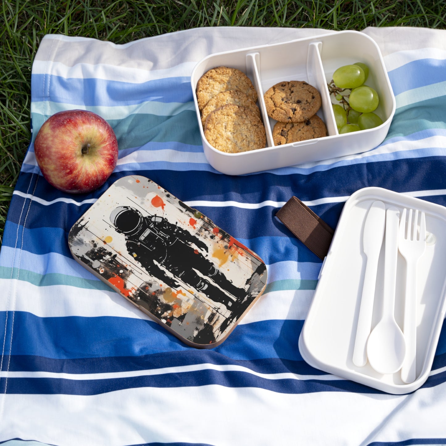 Stylish Bento Box Lunchbox – Portable, Designed Food Container with Wooden Lid & Two Moveable Compartments for Work, School & Picnics