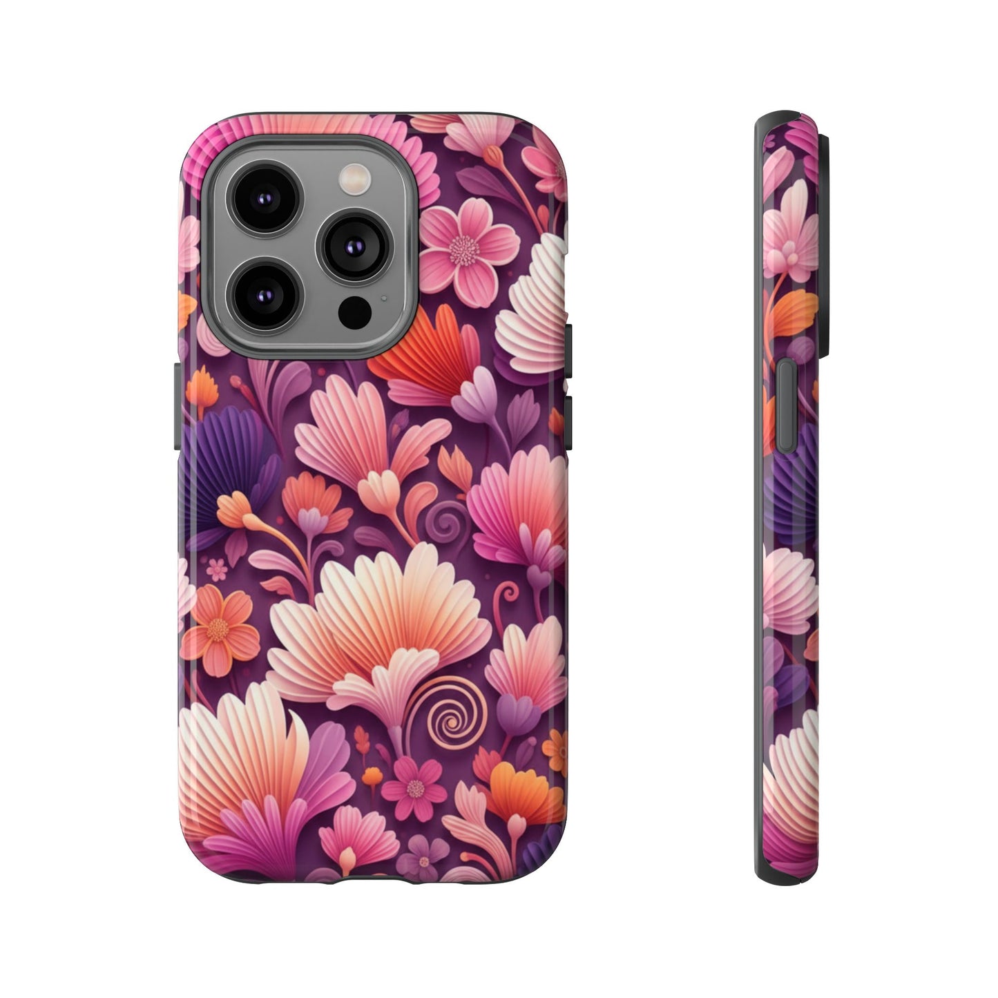 Floral Vibes Phone Case — iPhone Tough Cases Phone Cases for iPhone 14\15\16\17 – Dual Layer, Matte/Glossy Finish, Wireless Charging Compatible. Pink & Purple Retro Blossom Protective Cover
