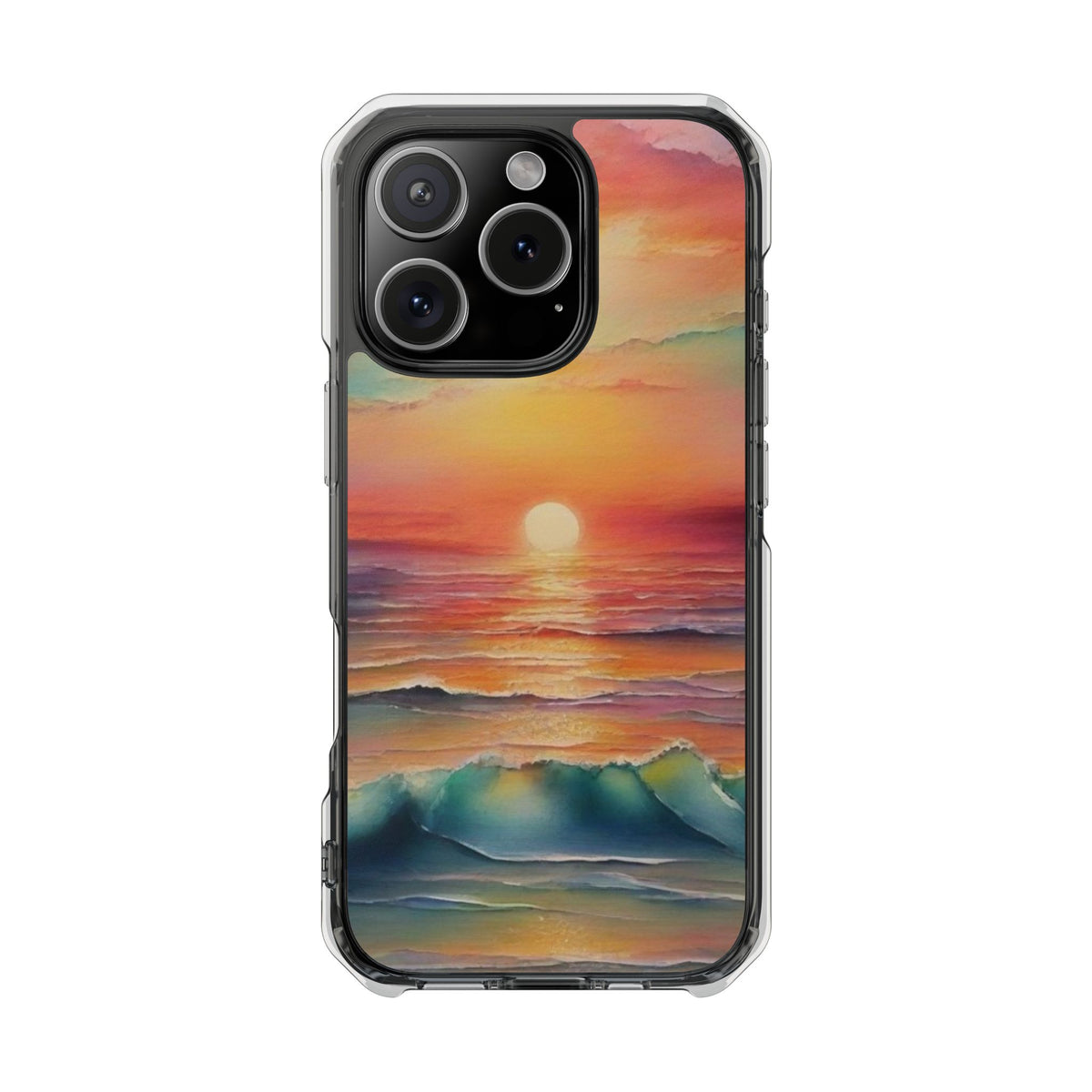 Clear Magnetic Phone Case — Sunset Ocean Art Design. Magnetic Impact Phone Case for iPhone 17/16/15/14. The Embedded Magnet Ring Keeps MagSafe Accessories Snapping on Smoothly.