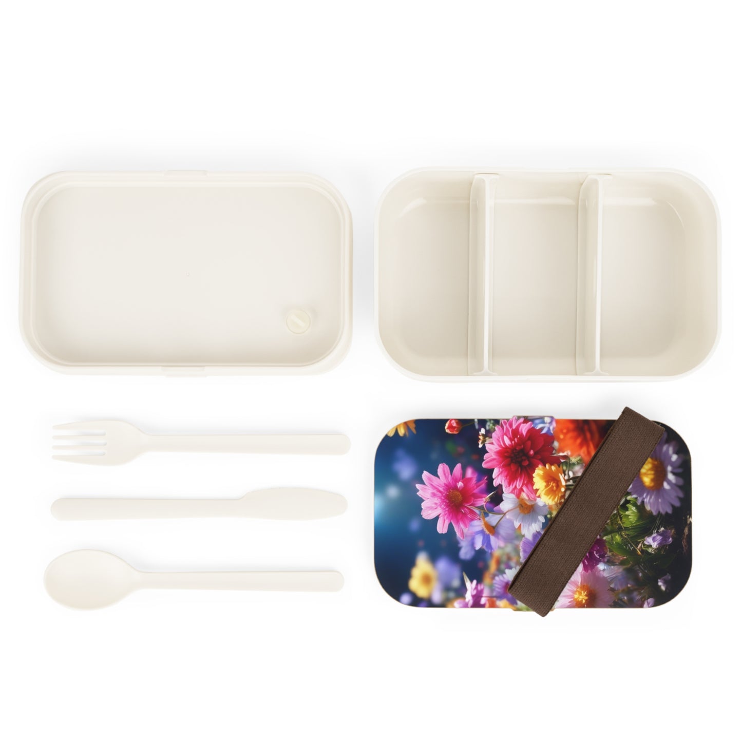 Floral Bouquet Bento Lunch Box. Portable, Custom Designed Food Container with Wooden Lid & Two Moveable Compartments for Work, School & Picnics