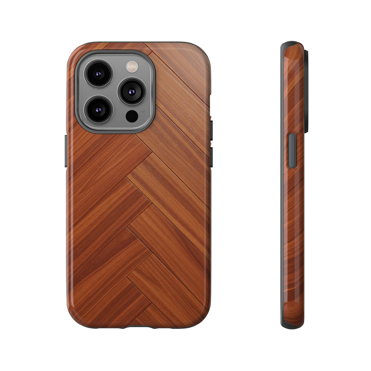 iPhone Tough Cases Phone Cases for iPhone 14\15\16\17 – Dual Layer, Matte/Glossy Finish, Wireless Charging Compatible. Plastic Woodgrain Herringbone Design Phone Case