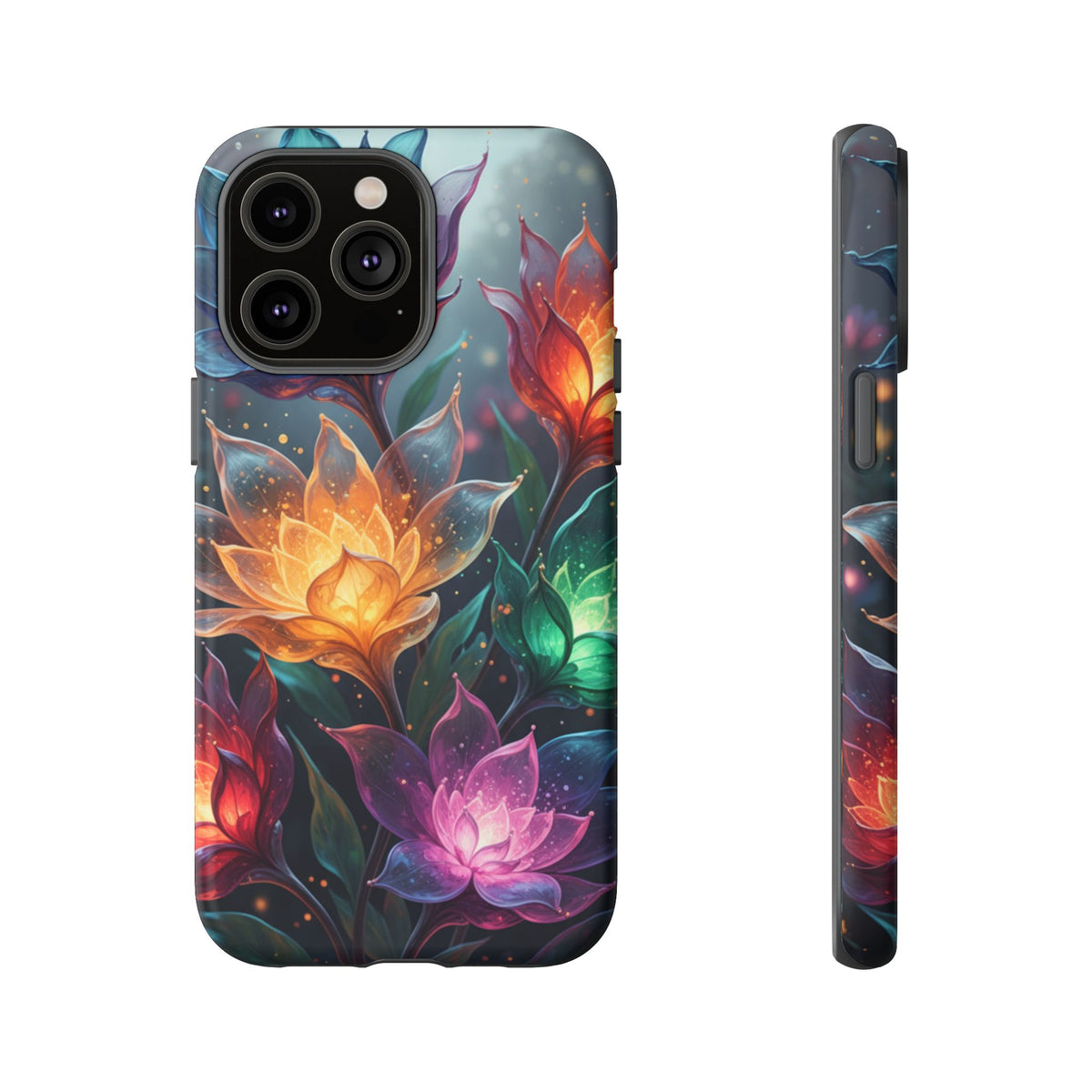 iPhone Tough Cases Phone Cases for iPhone 14\15\16\17 – Dual Layer, Matte/Glossy Finish, Wireless Charging CompatibleFloral Lotus Tough Phone Case - Colorful Glowing Flowers Protective Cover