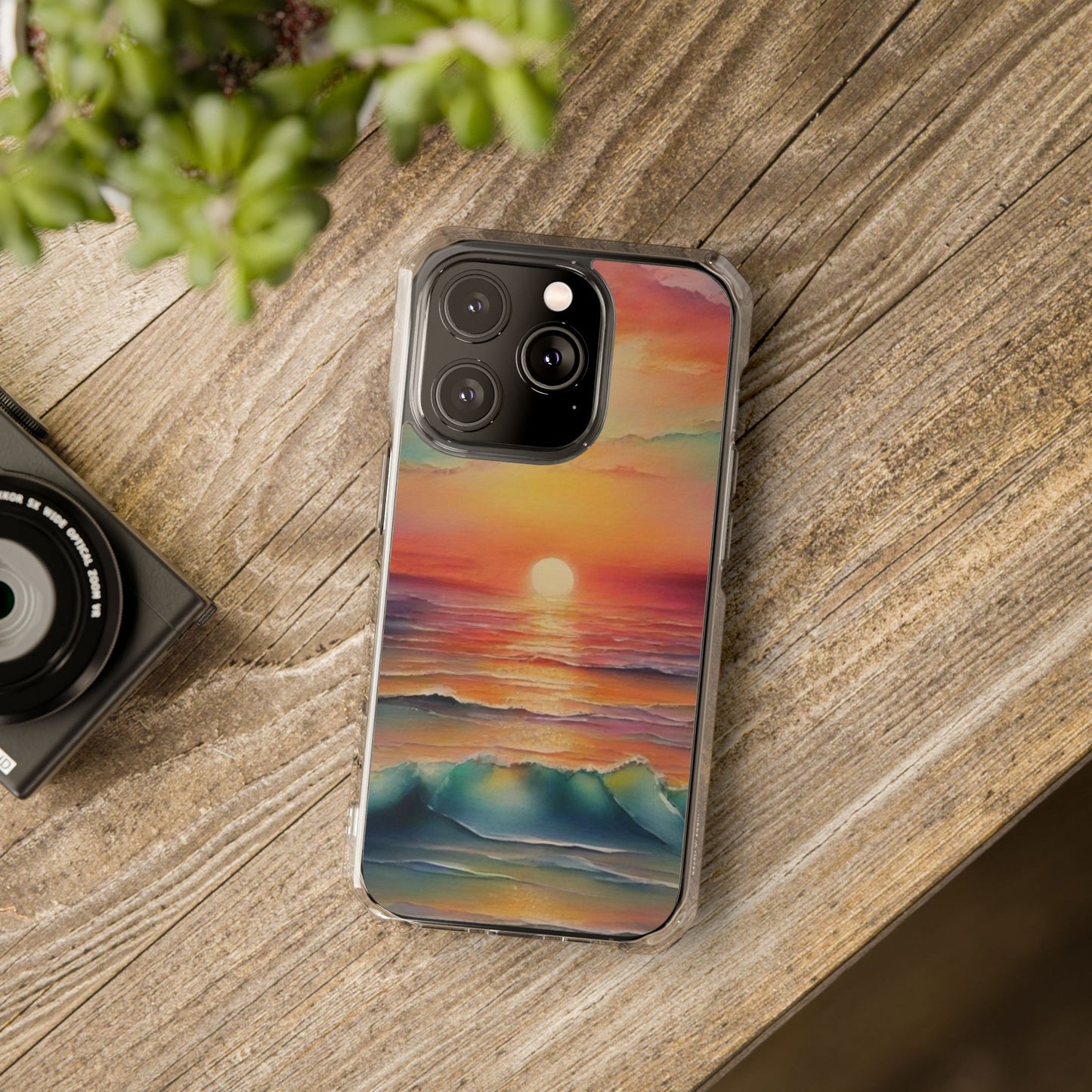 Clear Magnetic Phone Case — Sunset Ocean Art Design. Magnetic Impact Phone Case for iPhone 17/16/15/14. The Embedded Magnet Ring Keeps MagSafe Accessories Snapping on Smoothly.