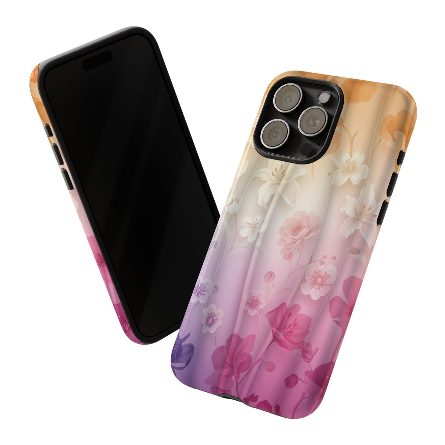 Floral Gradient Phone Case iPhone Tough Cases Phone Cases for iPhone 14\15\16\17 – Dual Layer, Matte/Glossy Finish, Wireless Charging Compatible - Pastel Ombre Flowers Protective Cover