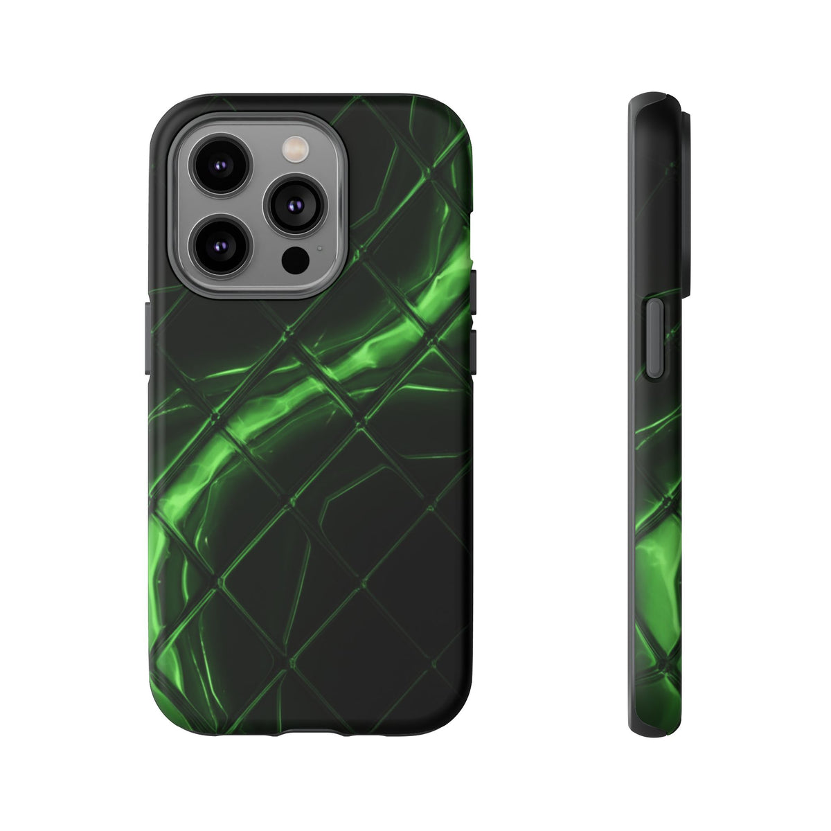 iPhone Tough Cases Phone Cases for iPhone 14\15\16\17 – Dual Layer, Matte/Glossy Finish, Wireless Charging Compatible. Green Neon Grid Phone Case — Protective Tough Case with Abstract Glow Design