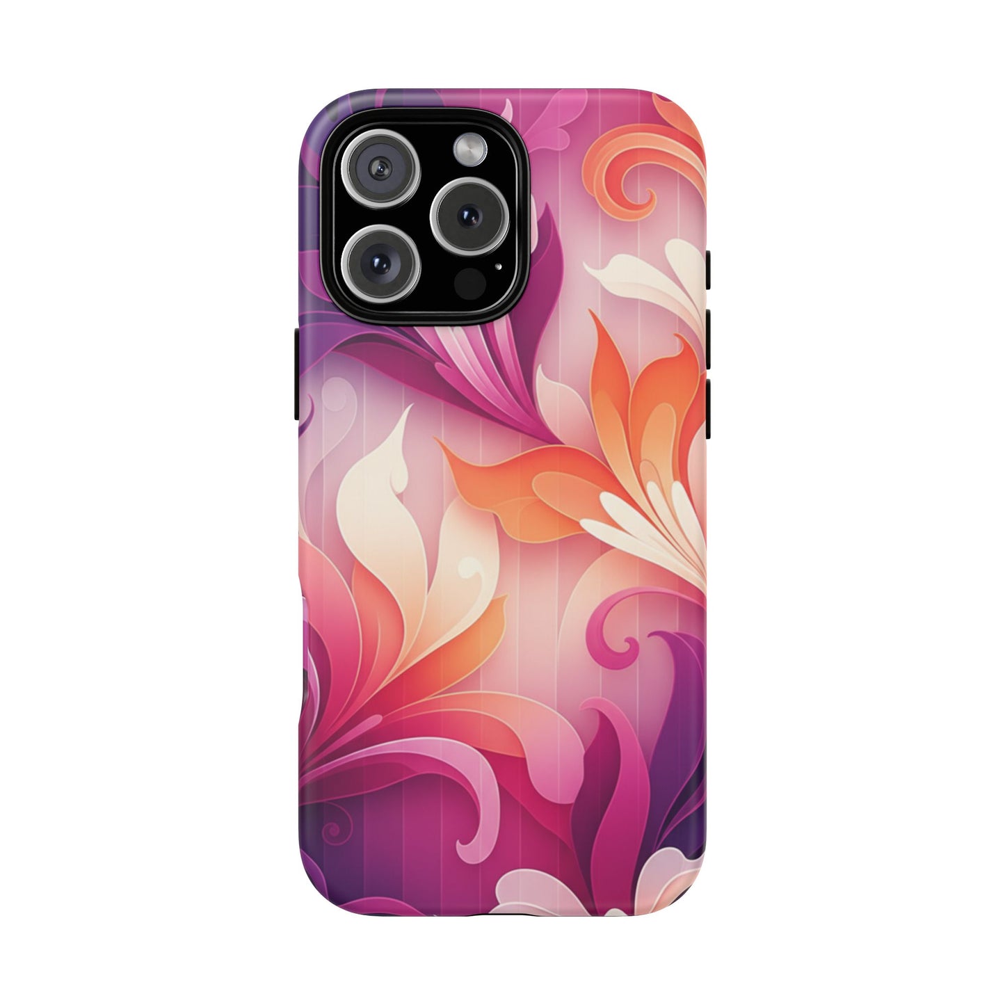 Floral Swirl Tough Phone Case iPhone Tough Cases Phone Cases for iPhone 14\15\16\17 – Dual Layer, Matte/Glossy Finish, Wireless Charging Compatible — Pink & Orange Protective iPhone Cover
