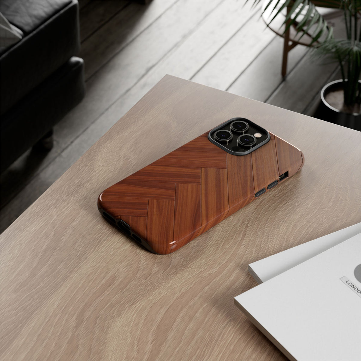 iPhone Tough Cases Phone Cases for iPhone 14\15\16\17 – Dual Layer, Matte/Glossy Finish, Wireless Charging Compatible. Plastic Woodgrain Herringbone Design Phone Case