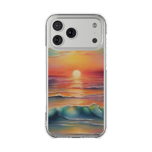 Clear Magnetic Phone Case — Sunset Ocean Art Design. Magnetic Impact Phone Case for iPhone 17/16/15/14. The Embedded Magnet Ring Keeps MagSafe Accessories Snapping on Smoothly.