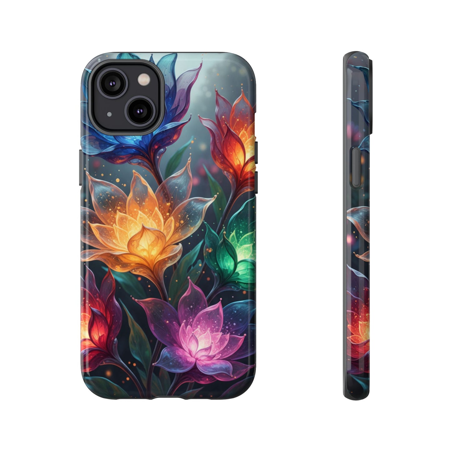iPhone Tough Cases Phone Cases for iPhone 14\15\16\17 – Dual Layer, Matte/Glossy Finish, Wireless Charging CompatibleFloral Lotus Tough Phone Case - Colorful Glowing Flowers Protective Cover