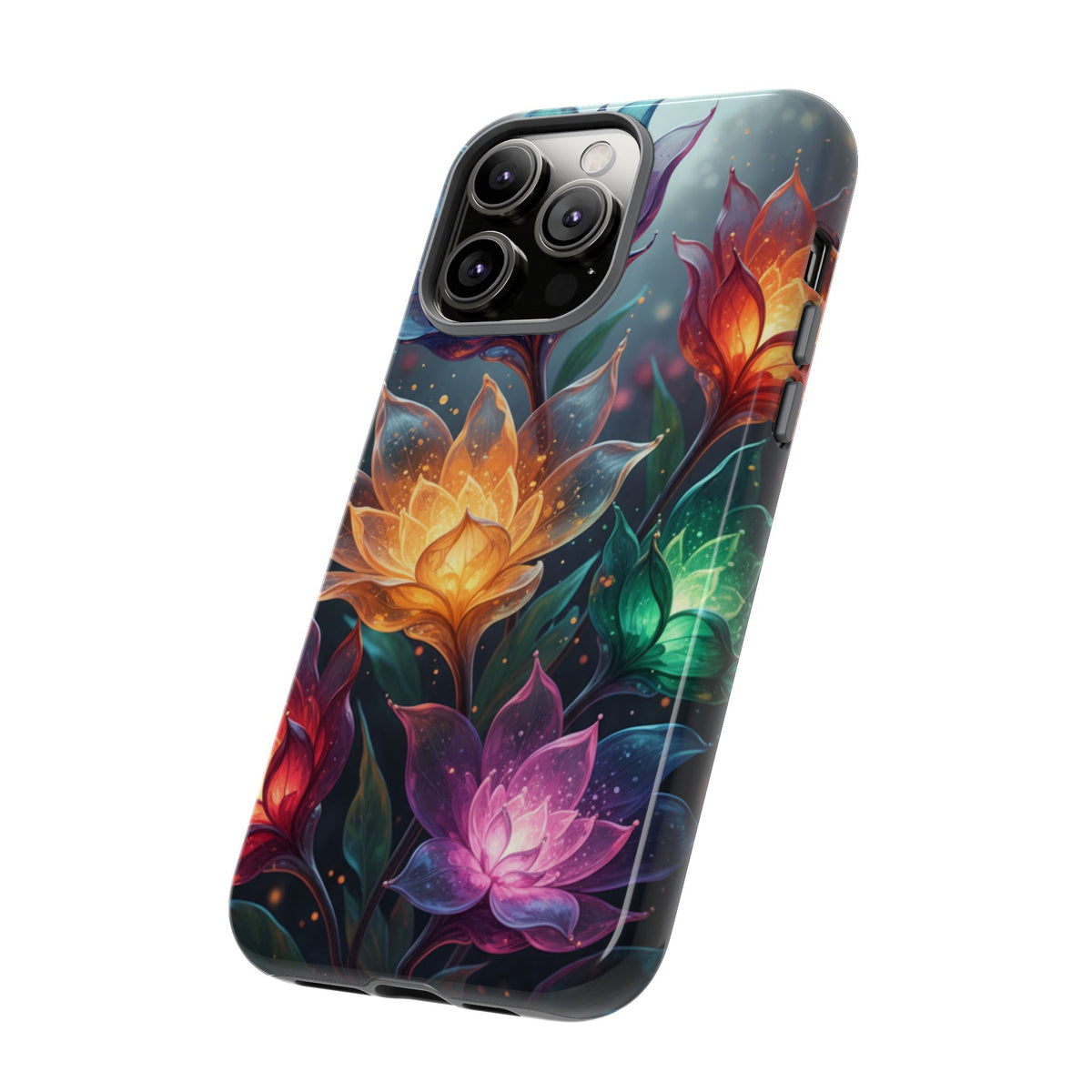 iPhone Tough Cases Phone Cases for iPhone 14\15\16\17 – Dual Layer, Matte/Glossy Finish, Wireless Charging CompatibleFloral Lotus Tough Phone Case - Colorful Glowing Flowers Protective Cover