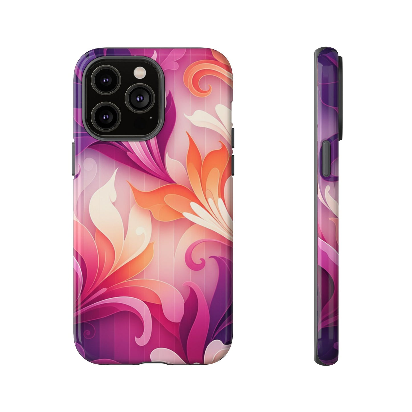 Floral Swirl Tough Phone Case iPhone Tough Cases Phone Cases for iPhone 14\15\16\17 – Dual Layer, Matte/Glossy Finish, Wireless Charging Compatible — Pink & Orange Protective iPhone Cover