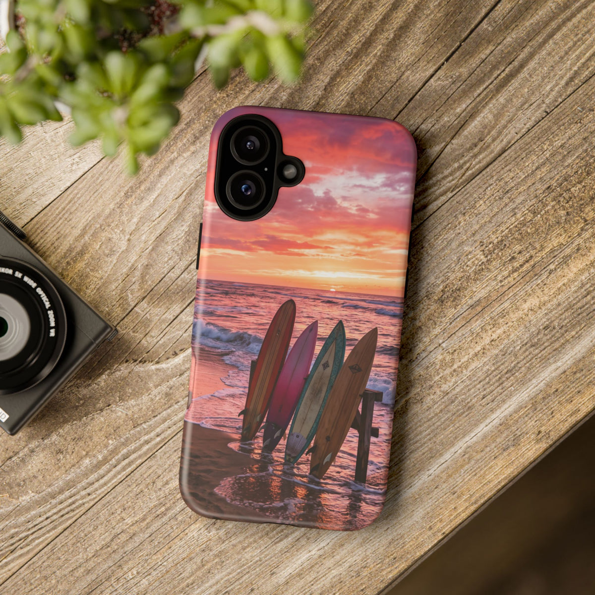 iPhone Tough Cases Phone Cases for iPhone 16\17\18 – Dual Layer, Matte/Glossy Finish, Wireless Charging Compatible. Phone Case - Sunset Surfboard Beach Case