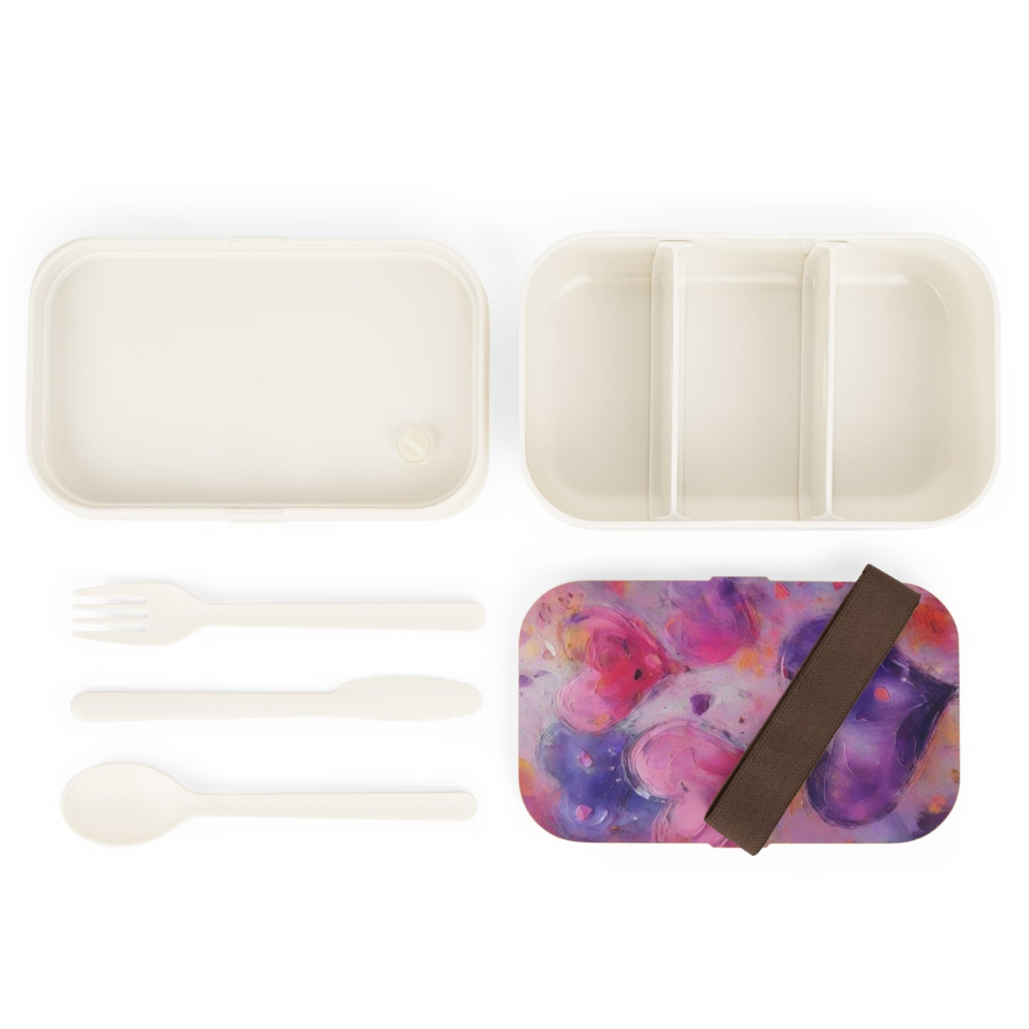 Heart Watercolor Bento Box — Purple & Pink Cute Lunch Box - Portable Food Container with Wooden Lid & Two Moveable Compartments for Work, School & Picnics
