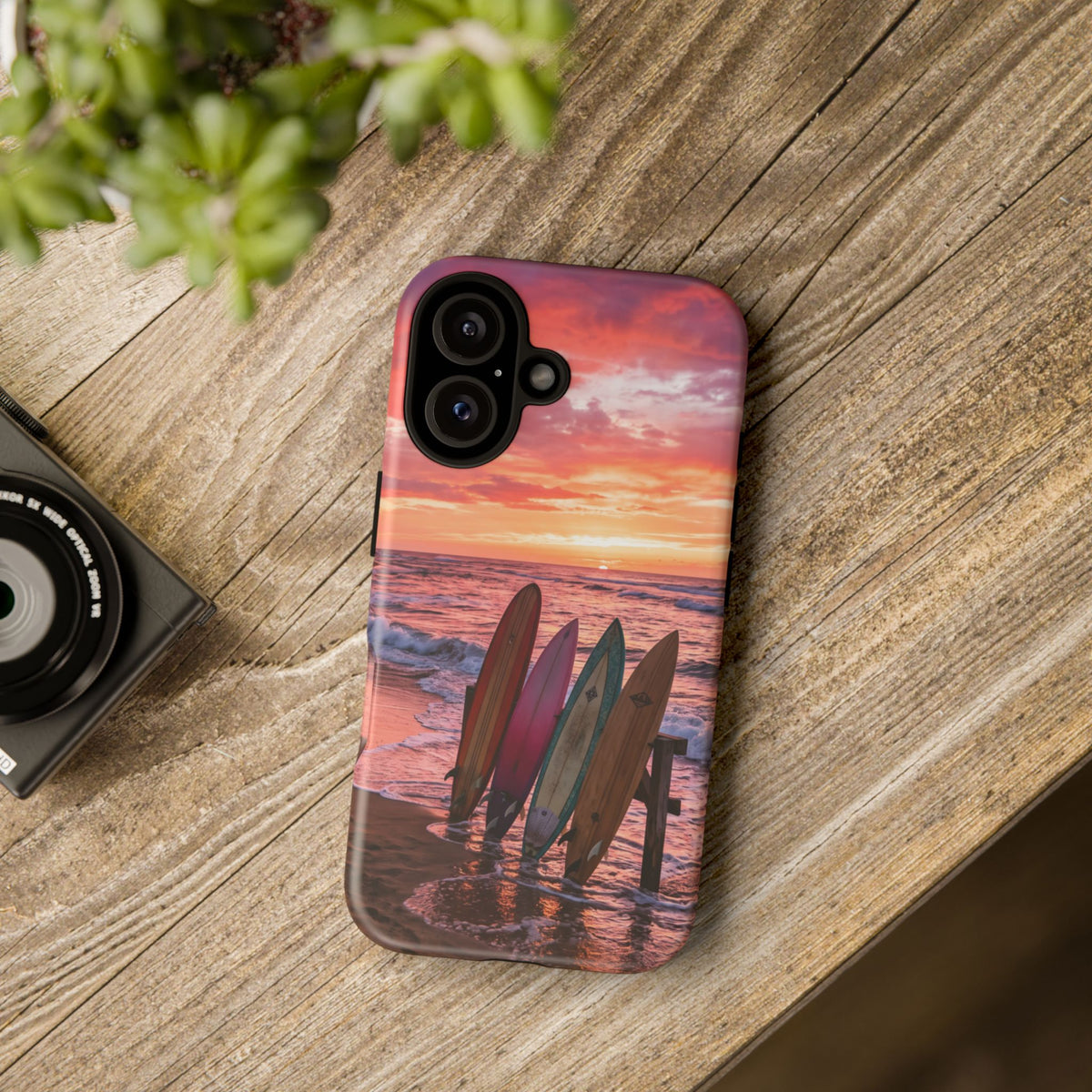 iPhone Tough Cases Phone Cases for iPhone 16\17\18 – Dual Layer, Matte/Glossy Finish, Wireless Charging Compatible. Phone Case - Sunset Surfboard Beach Case