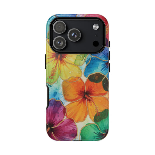 iPhone Tough Cases Phone Cases for iPhone 16\17\18– Dual Layer, Matte/Glossy Finish, Wireless Charging Compatible. Floral Watercolor Phone Case — Rainbow Hibiscus Protective Cover