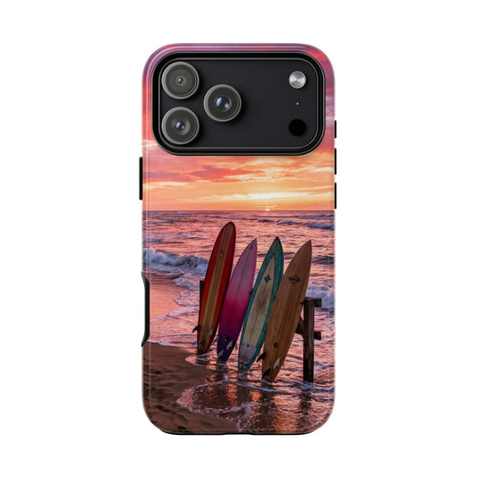 iPhone Tough Cases Phone Cases for iPhone 16\17\18 – Dual Layer, Matte/Glossy Finish, Wireless Charging Compatible. Phone Case - Sunset Surfboard Beach Case
