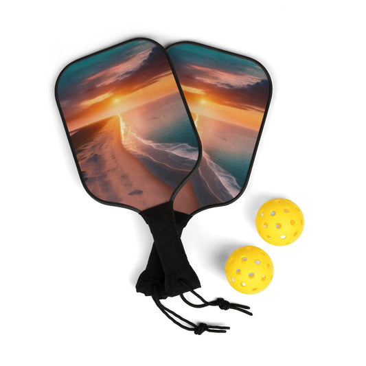 Pickleball Kit – Durable Wooden Paddles, Portable Set with Balls & Carry Bag for All Skill Levels - Perfect for Outdoor Fun! Beach Sunset Pickleball Paddle Kit