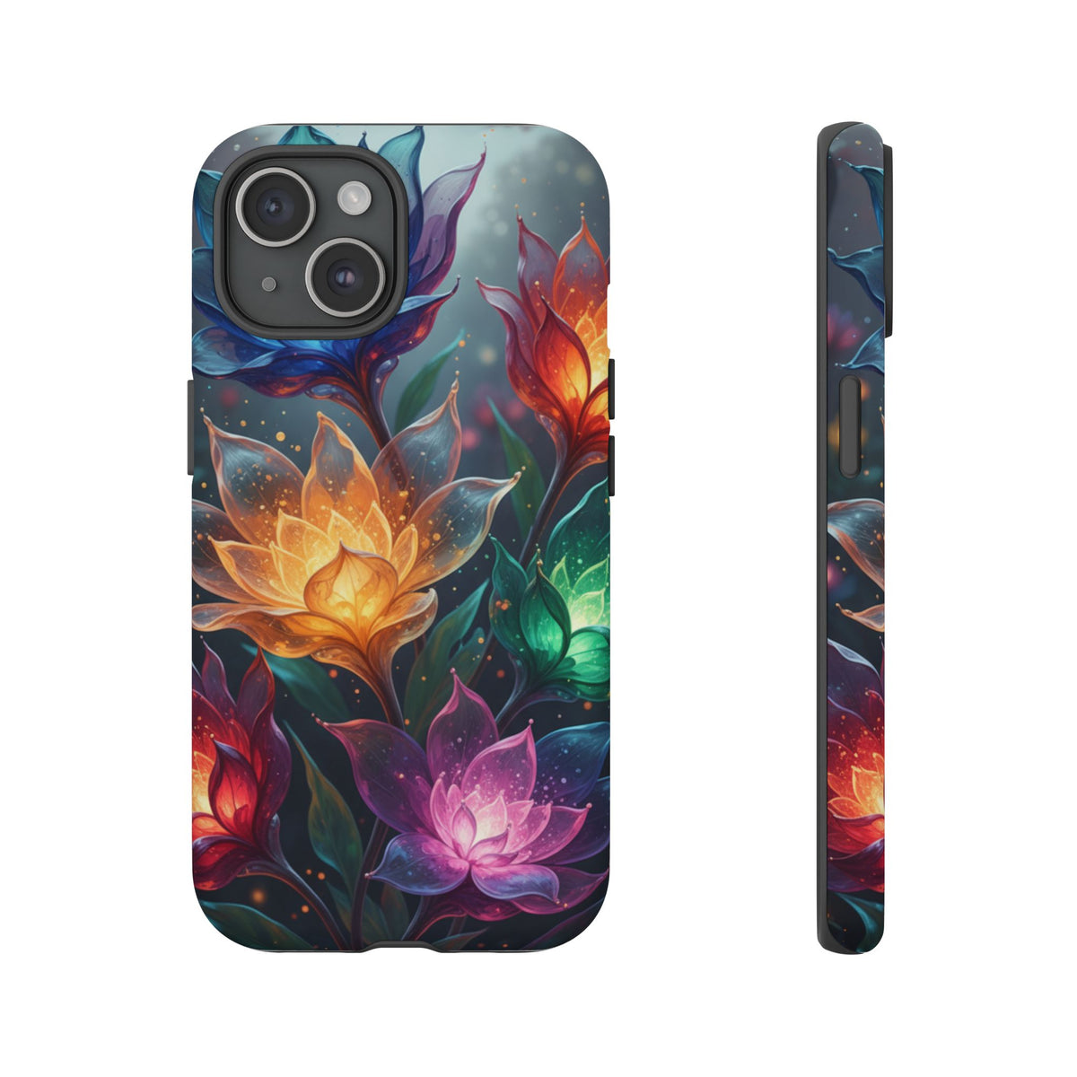 iPhone Tough Cases Phone Cases for iPhone 14\15\16\17 – Dual Layer, Matte/Glossy Finish, Wireless Charging CompatibleFloral Lotus Tough Phone Case - Colorful Glowing Flowers Protective Cover