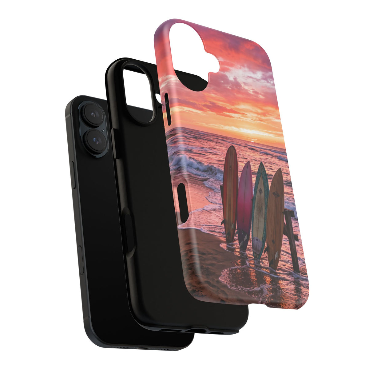 iPhone Tough Cases Phone Cases for iPhone 16\17\18 – Dual Layer, Matte/Glossy Finish, Wireless Charging Compatible. Phone Case - Sunset Surfboard Beach Case
