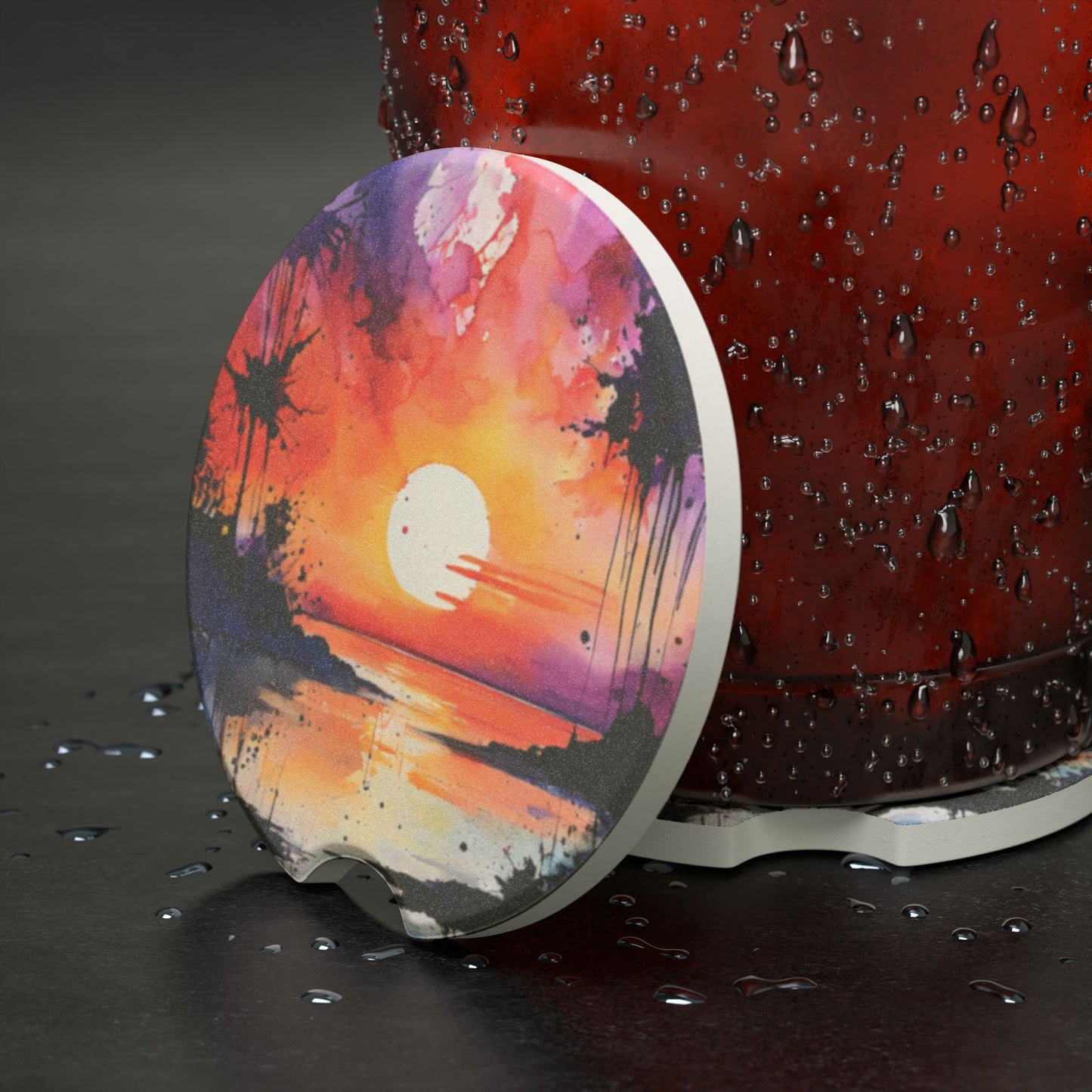 Sunset Beach Car Coaster — Colorful Soapstone Drink Holder for Cars
