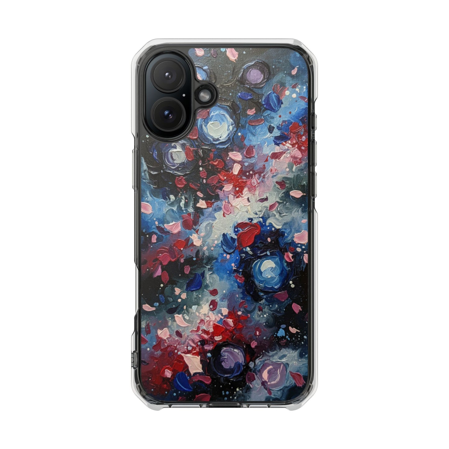 Magnetic Impact Phone Case for iPhone 17/16/15/14 Clear Magnetic Impact Phone Case — Abstract Red & Blue Galaxy Design