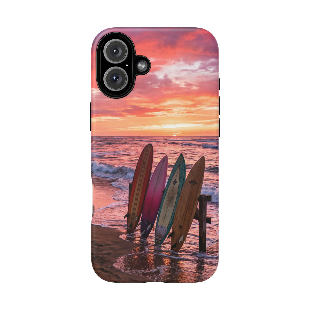 iPhone Tough Cases Phone Cases for iPhone 16\17\18 – Dual Layer, Matte/Glossy Finish, Wireless Charging Compatible. Phone Case - Sunset Surfboard Beach Case