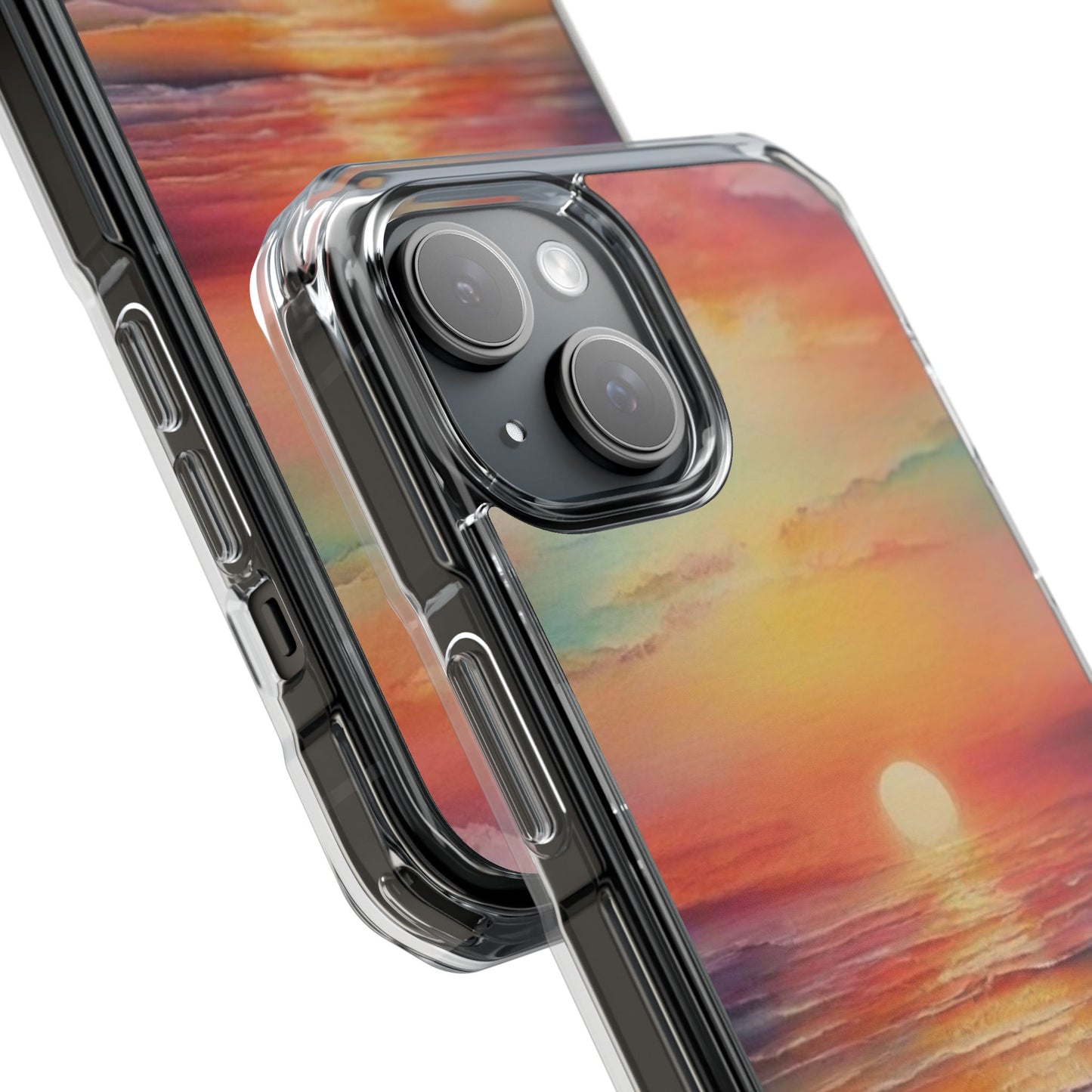 Clear Magnetic Phone Case — Sunset Ocean Art Design. Magnetic Impact Phone Case for iPhone 17/16/15/14. The Embedded Magnet Ring Keeps MagSafe Accessories Snapping on Smoothly.