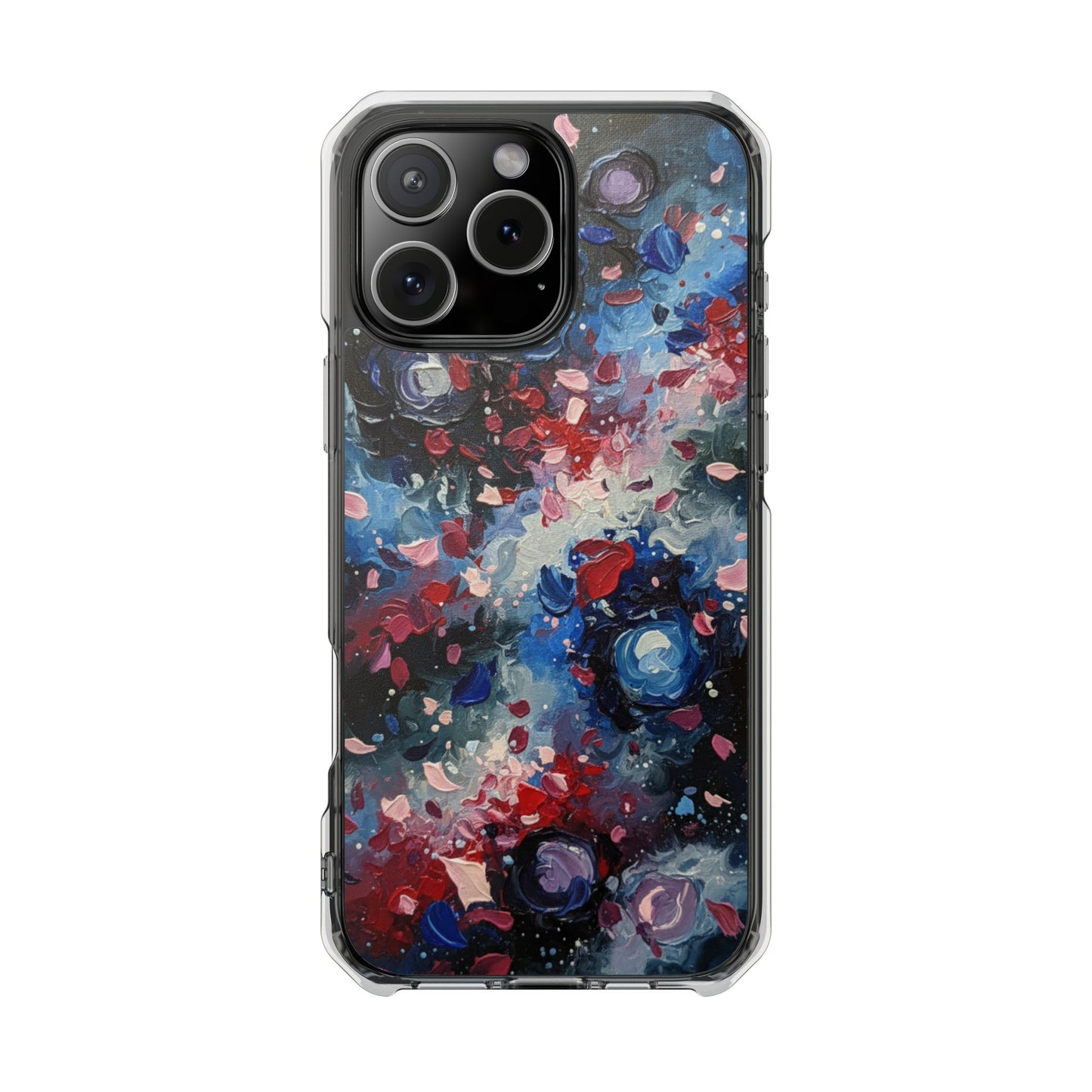 Magnetic Impact Phone Case for iPhone 17/16/15/14 Clear Magnetic Impact Phone Case — Abstract Red & Blue Galaxy Design