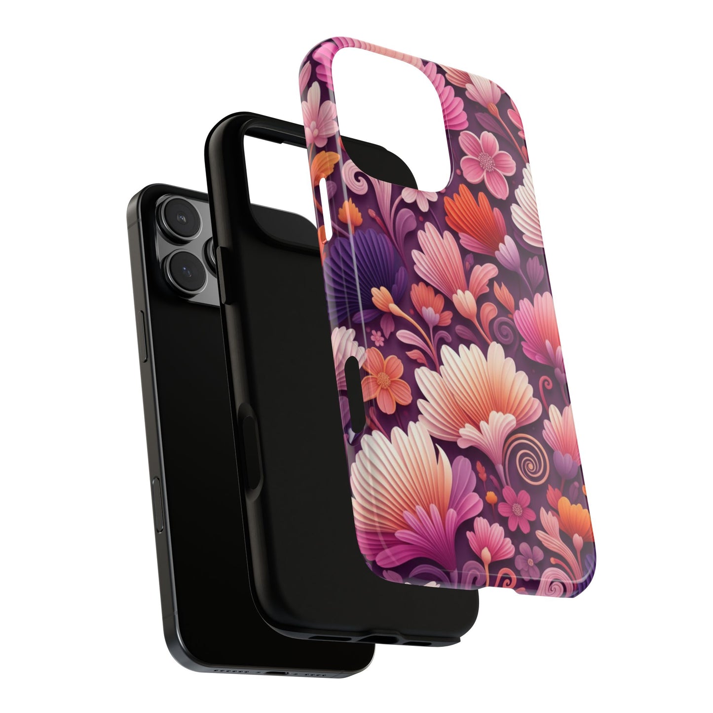 Floral Vibes Phone Case — iPhone Tough Cases Phone Cases for iPhone 14\15\16\17 – Dual Layer, Matte/Glossy Finish, Wireless Charging Compatible. Pink & Purple Retro Blossom Protective Cover