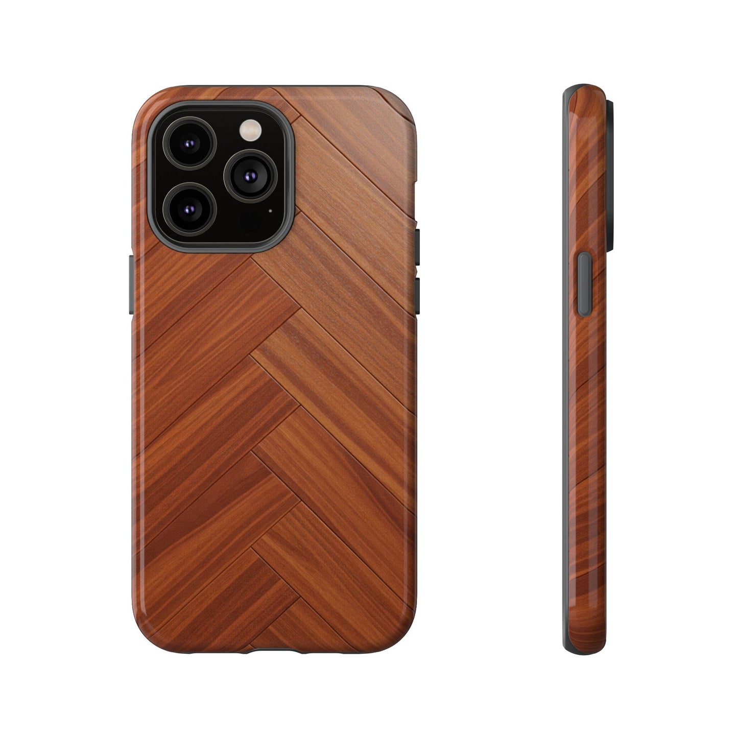 iPhone Tough Cases Phone Cases for iPhone 14\15\16\17 – Dual Layer, Matte/Glossy Finish, Wireless Charging Compatible. Plastic Woodgrain Herringbone Design Phone Case