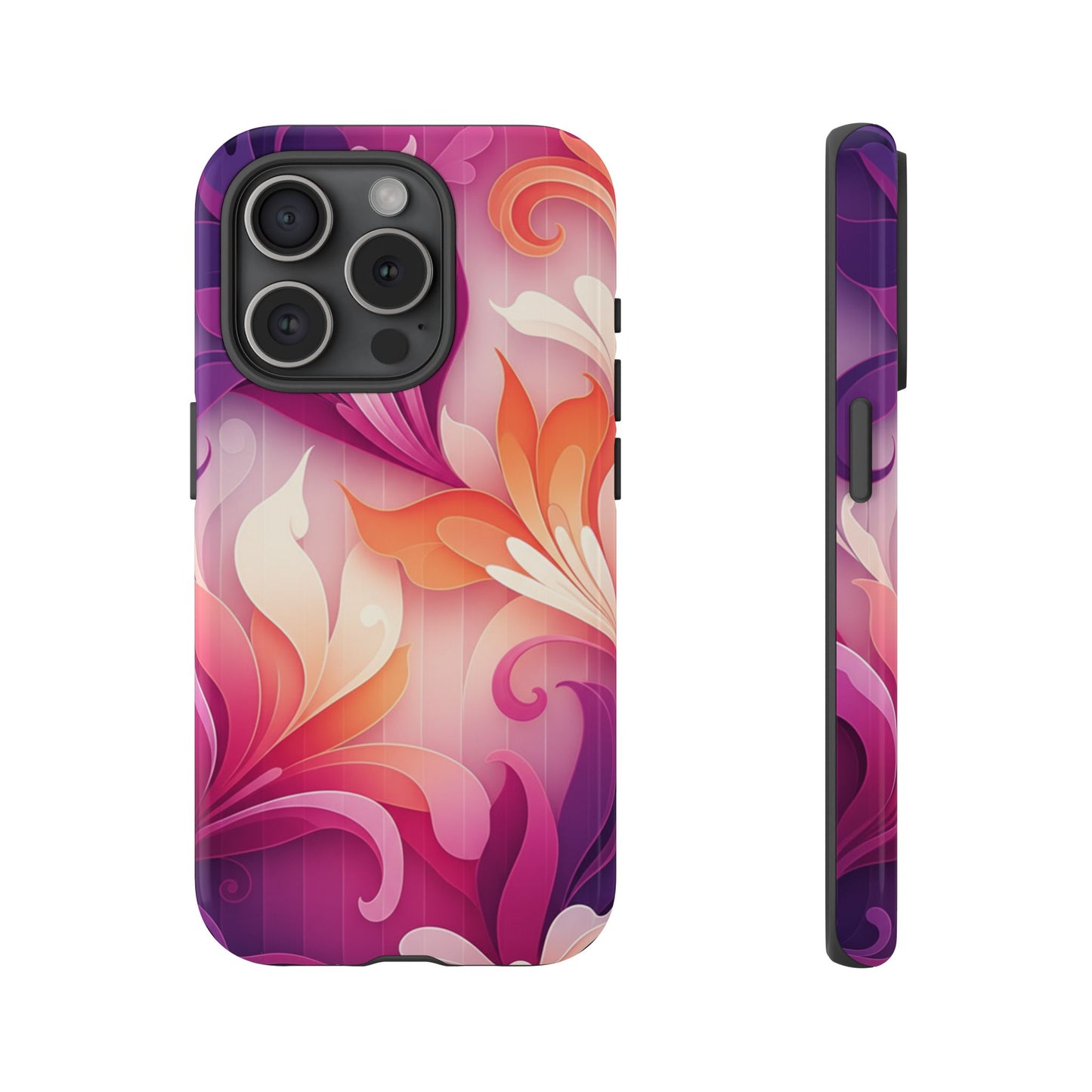 Floral Swirl Tough Phone Case iPhone Tough Cases Phone Cases for iPhone 14\15\16\17 – Dual Layer, Matte/Glossy Finish, Wireless Charging Compatible — Pink & Orange Protective iPhone Cover