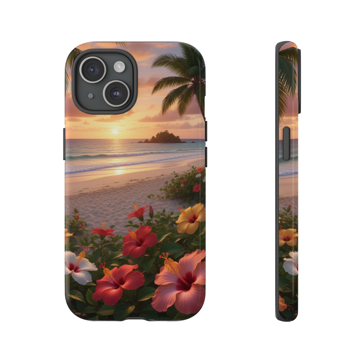 iPhone Tough Cases Phone Cases for iPhone 14\15\16\17 – Dual Layer, Matte/Glossy Finish, Wireless Charging CompatibleTough Cases — Tropical Sunset Hibiscus Phone Case
