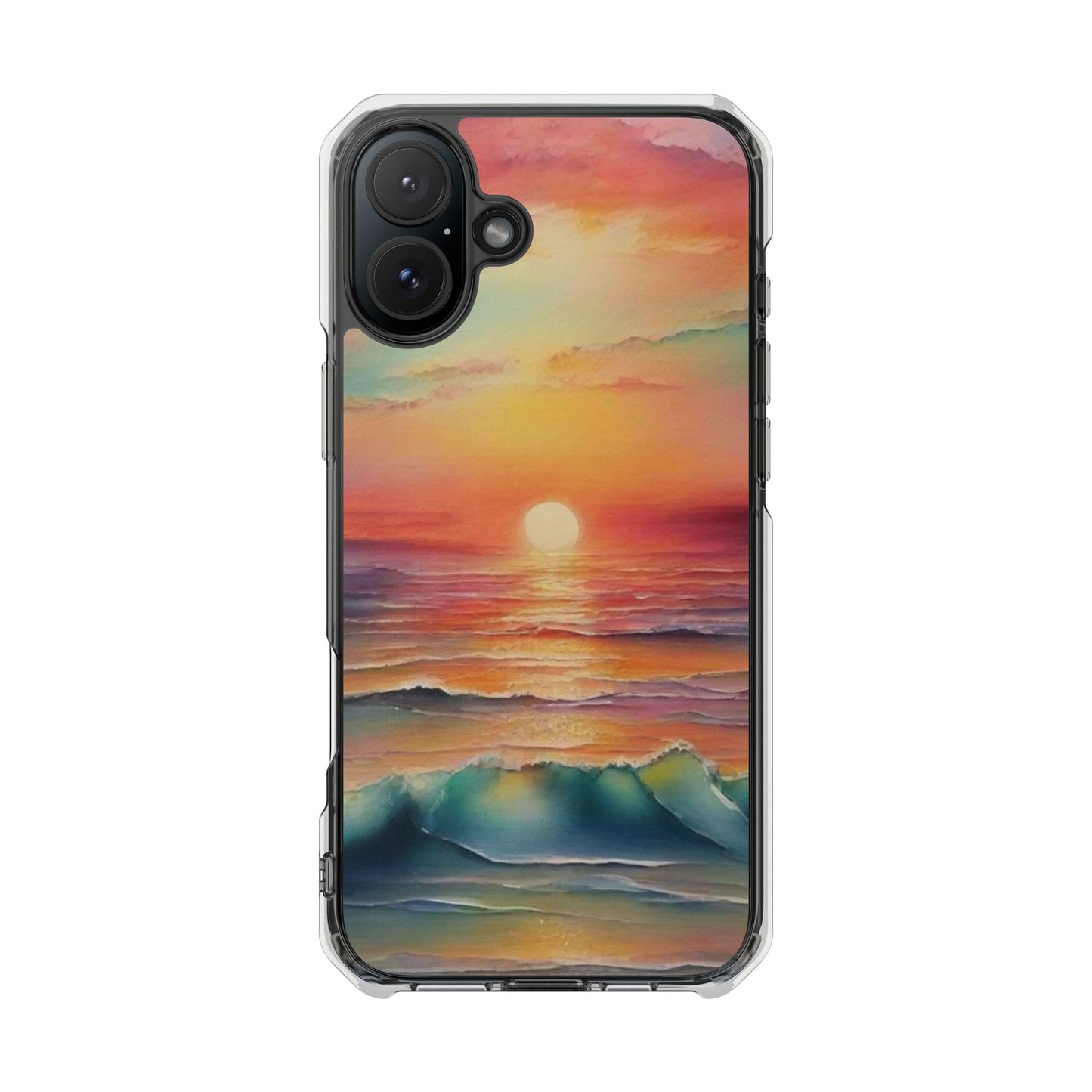 Clear Magnetic Phone Case — Sunset Ocean Art Design. Magnetic Impact Phone Case for iPhone 17/16/15/14. The Embedded Magnet Ring Keeps MagSafe Accessories Snapping on Smoothly.