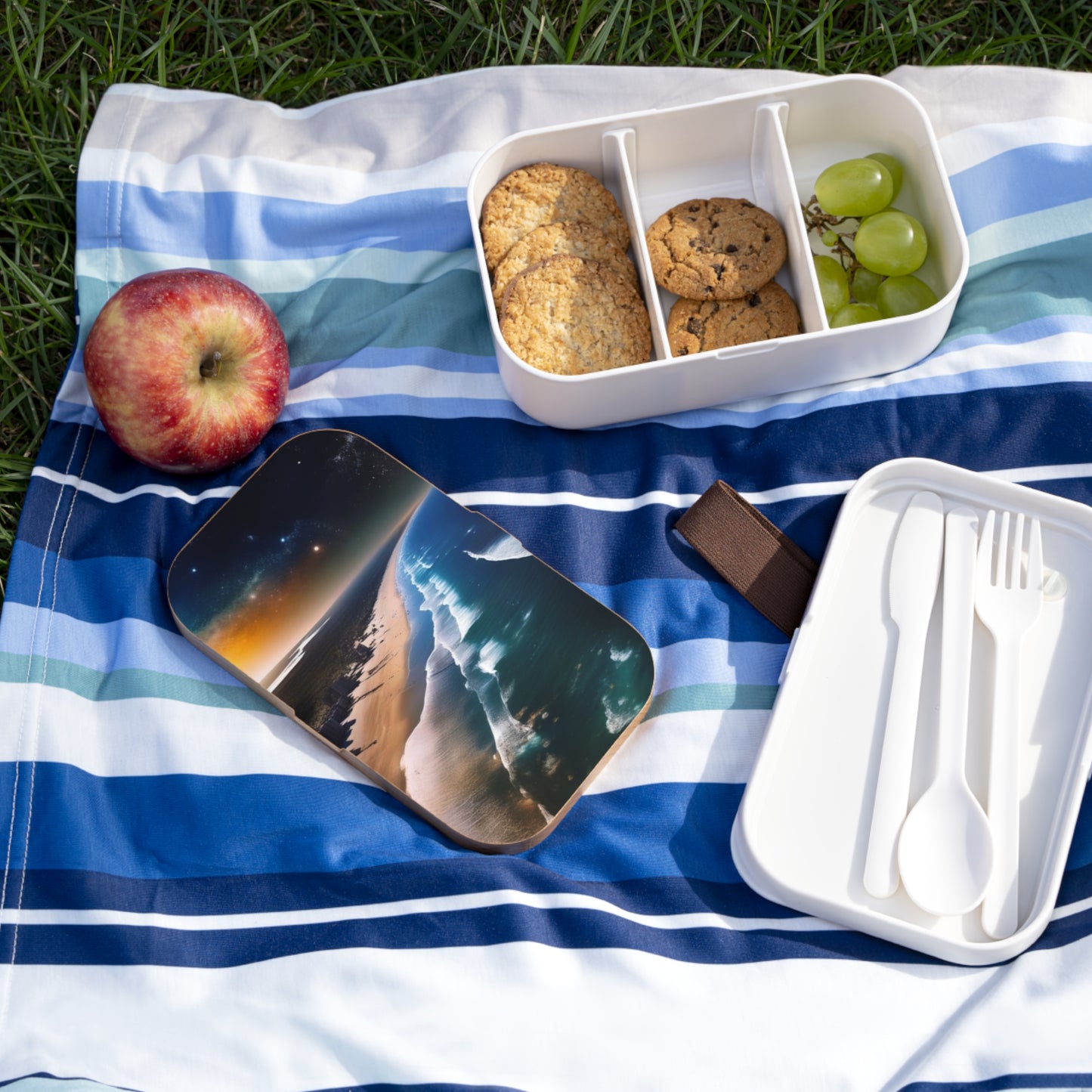 Scenic Ocean Sunset Bento Lunch Box — Beach Wave Landscape Portable Food Container with Wooden Lid & Two Moveable Compartments for Work, School & Picnics