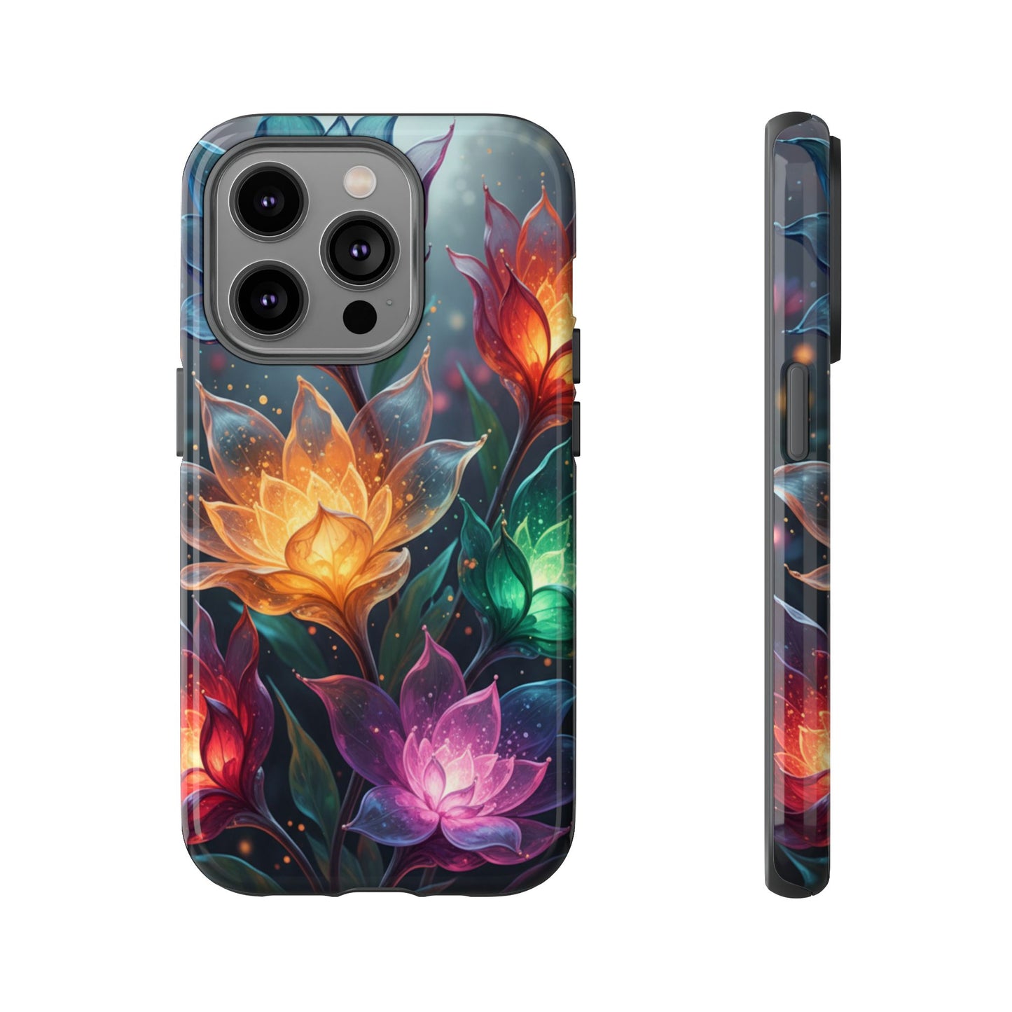 iPhone Tough Cases Phone Cases for iPhone 14\15\16\17 – Dual Layer, Matte/Glossy Finish, Wireless Charging CompatibleFloral Lotus Tough Phone Case - Colorful Glowing Flowers Protective Cover