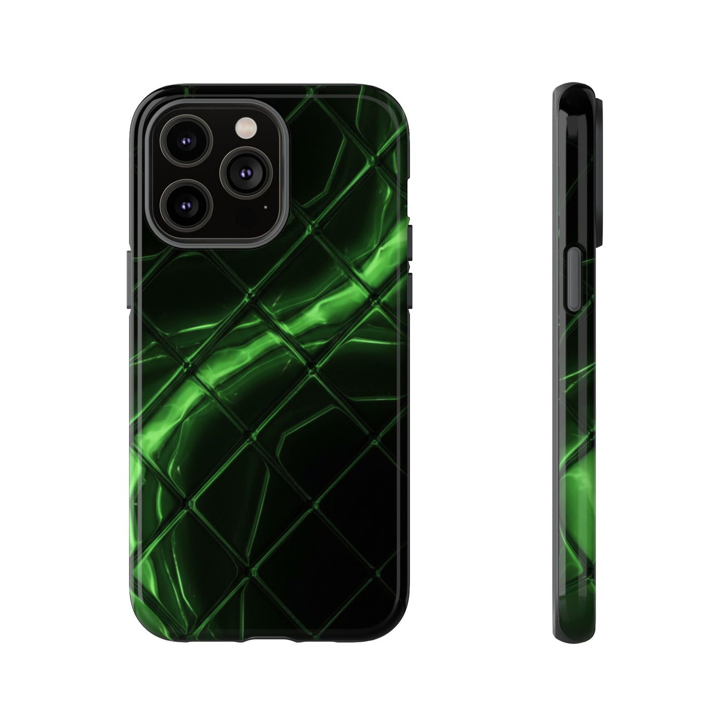 iPhone Tough Cases Phone Cases for iPhone 14\15\16\17 – Dual Layer, Matte/Glossy Finish, Wireless Charging Compatible. Green Neon Grid Phone Case — Protective Tough Case with Abstract Glow Design