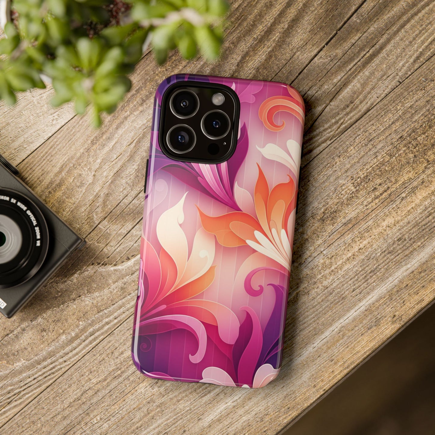 Floral Swirl Tough Phone Case iPhone Tough Cases Phone Cases for iPhone 14\15\16\17 – Dual Layer, Matte/Glossy Finish, Wireless Charging Compatible — Pink & Orange Protective iPhone Cover