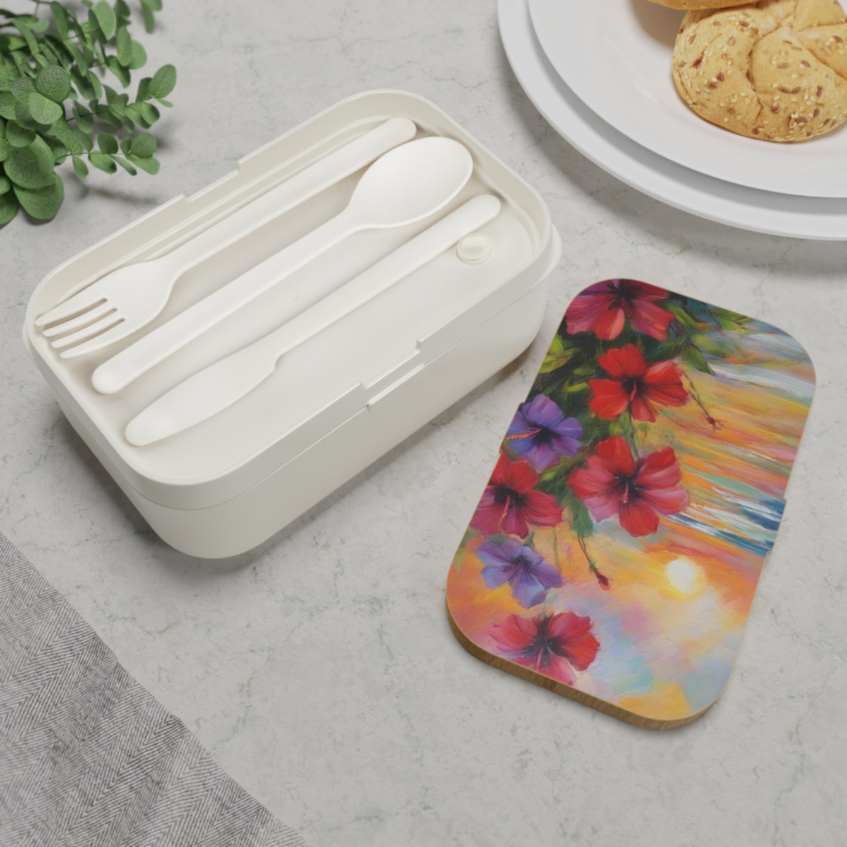 Stylish Bento Box Lunchbox – Portable, Designed Food Container with Wooden Lid & Two Moveable Compartments for Work, School & Picnics