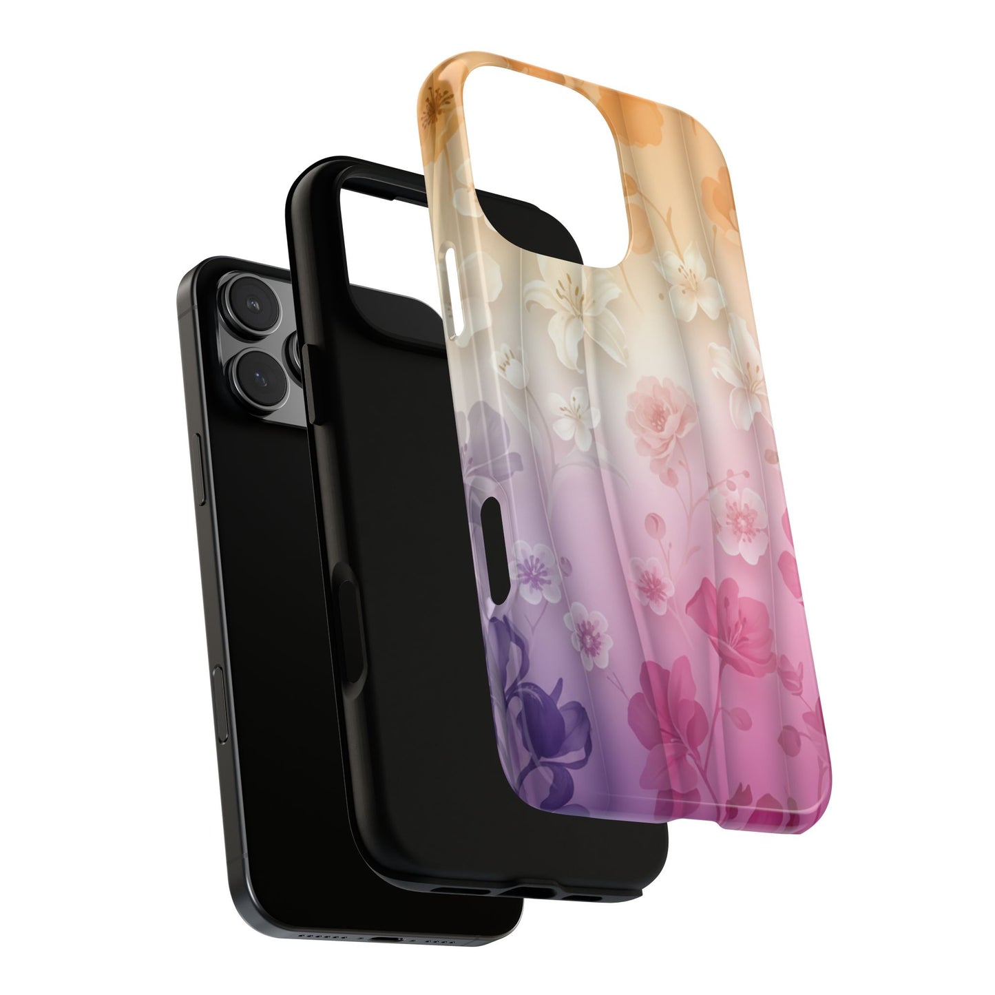 Floral Gradient Phone Case iPhone Tough Cases Phone Cases for iPhone 14\15\16\17 – Dual Layer, Matte/Glossy Finish, Wireless Charging Compatible - Pastel Ombre Flowers Protective Cover