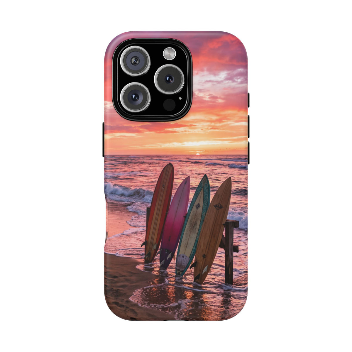iPhone Tough Cases Phone Cases for iPhone 16\17\18 – Dual Layer, Matte/Glossy Finish, Wireless Charging Compatible. Phone Case - Sunset Surfboard Beach Case