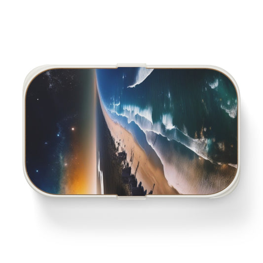 Scenic Ocean Sunset Bento Lunch Box — Beach Wave Landscape Portable Food Container with Wooden Lid & Two Moveable Compartments for Work, School & Picnics