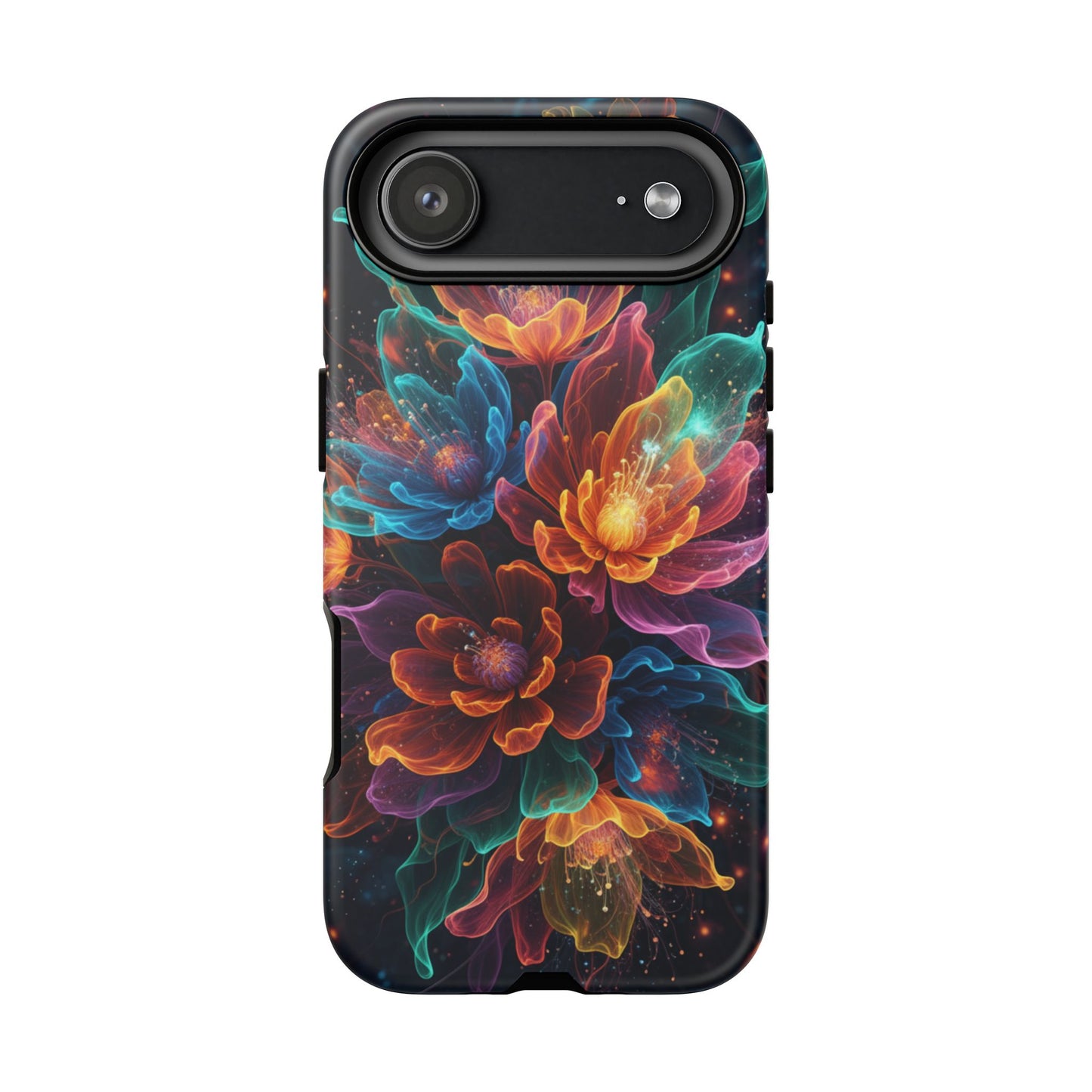 Floral Nebula Tough Phone Case — Colorful Cosmic Flower Protective Cover. iPhone Tough Cases Phone Cases for iPhone 14\15\16\17 – Dual Layer, Matte/Glossy Finish, Wireless Charging Compatible