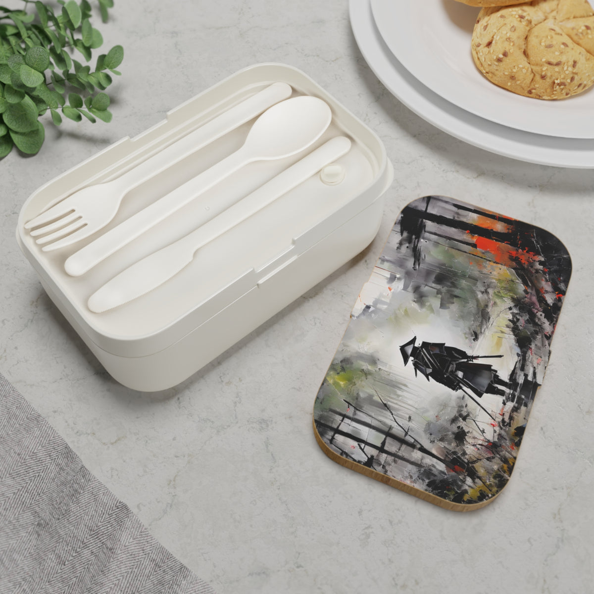 Stylish Bento Box Lunchbox – Portable, Designed Food Container with Wooden Lid & Two Moveable Compartments for Work, School & Picnics